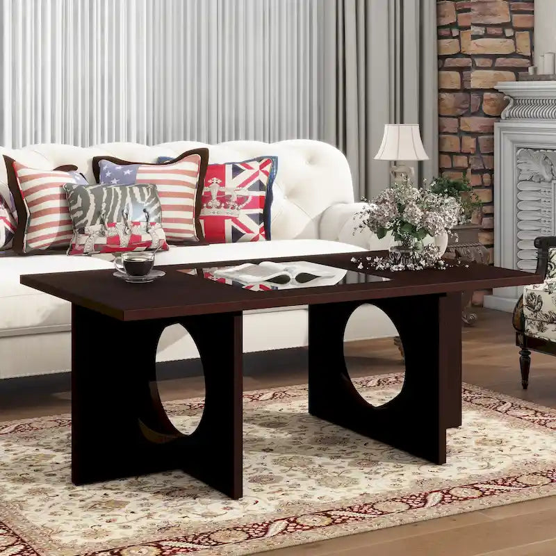 47 Table Basse Rectangulaire Contemporaine en Bois avec Plateau en Verre Trempé Transparent, Plateau Noir et Expresso Clair