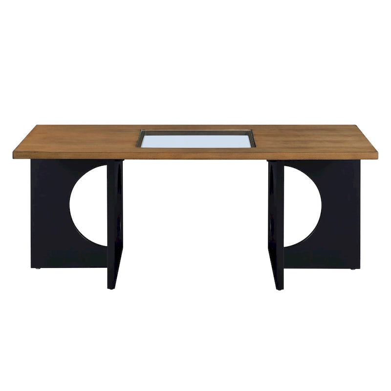 47 Table Basse Rectangulaire Contemporaine en Bois avec Plateau en Verre Trempé Transparent, Plateau Noir et Expresso Clair