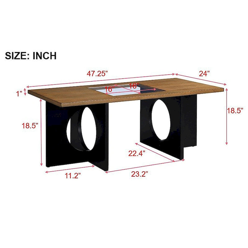 47 Table Basse Rectangulaire Contemporaine en Bois avec Plateau en Verre Trempé Transparent, Plateau Noir et Expresso Clair