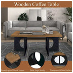 47 Table Basse Rectangulaire Contemporaine en Bois avec Plateau en Verre Trempé Transparent, Plateau Noir et Expresso Clair