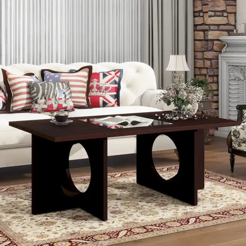 47 Table Basse Rectangulaire Contemporaine en Bois avec Plateau en Verre Trempé Transparent, Plateau Noir et Expresso Clair