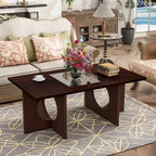47 Table Basse Rectangulaire Contemporaine en Bois avec Plateau en Verre Trempé Transparent, Plateau Noir et Expresso Clair
