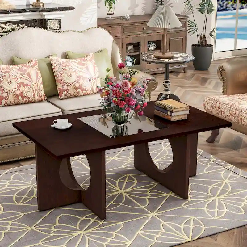 47 Table Basse Rectangulaire Contemporaine en Bois avec Plateau en Verre Trempé Transparent, Plateau Noir et Expresso Clair