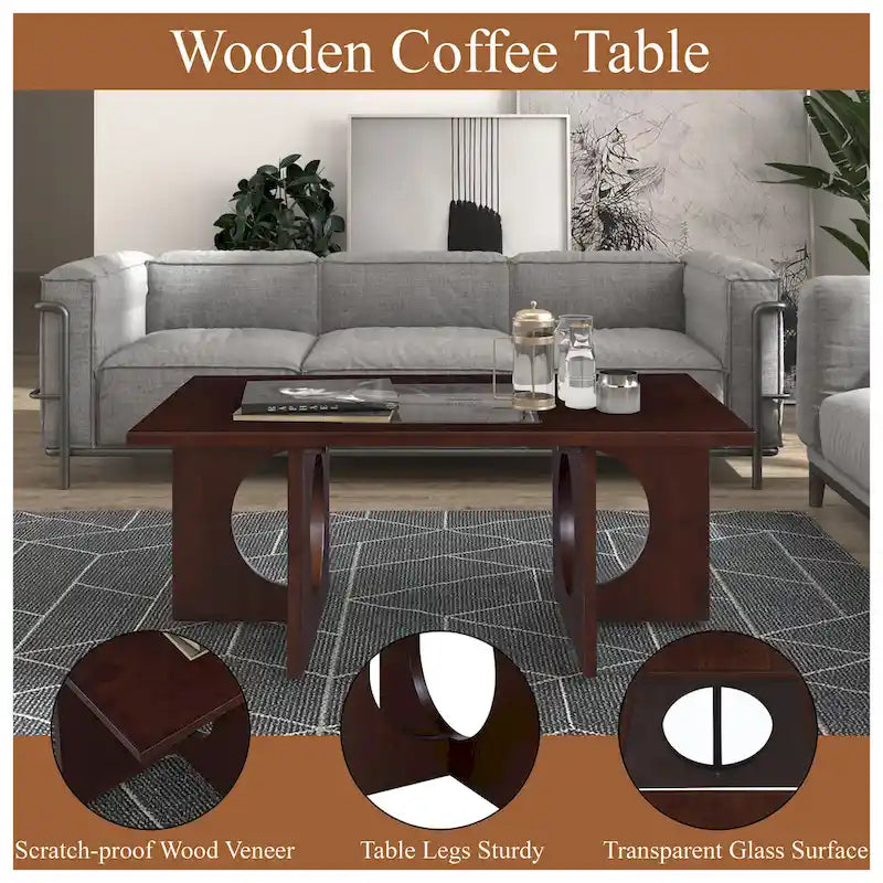 47 Table Basse Rectangulaire Contemporaine en Bois avec Plateau en Verre Trempé Transparent, Plateau Noir et Expresso Clair