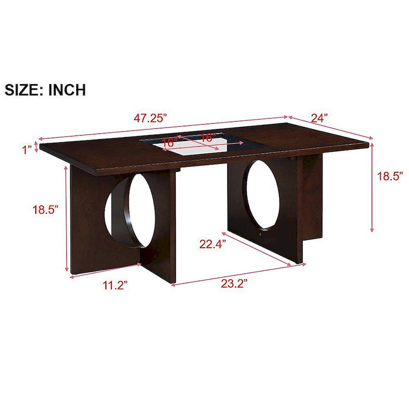 47 Table Basse Rectangulaire Contemporaine en Bois avec Plateau en Verre Trempé Transparent, Plateau Noir et Expresso Clair