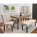Table à manger rectangulaire Mid-Century Modern avec chaises cloutées en laiton et pieds métalliques en épingle à cheveux pour cuisine et salon
