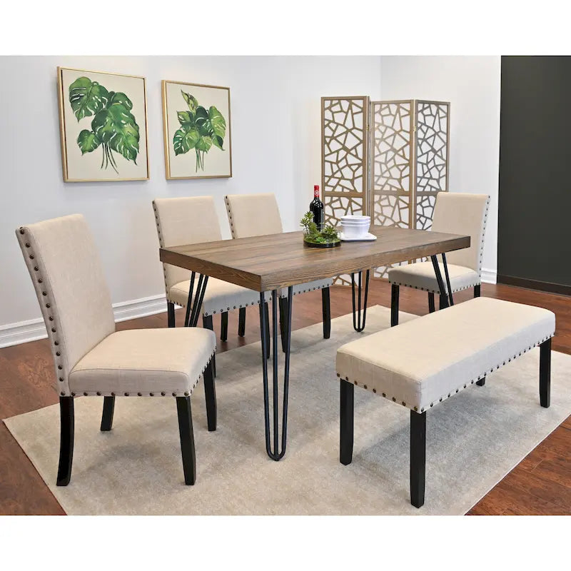 Table à manger rectangulaire Mid-Century Modern avec chaises cloutées en laiton et pieds métalliques en épingle à cheveux pour cuisine et salon