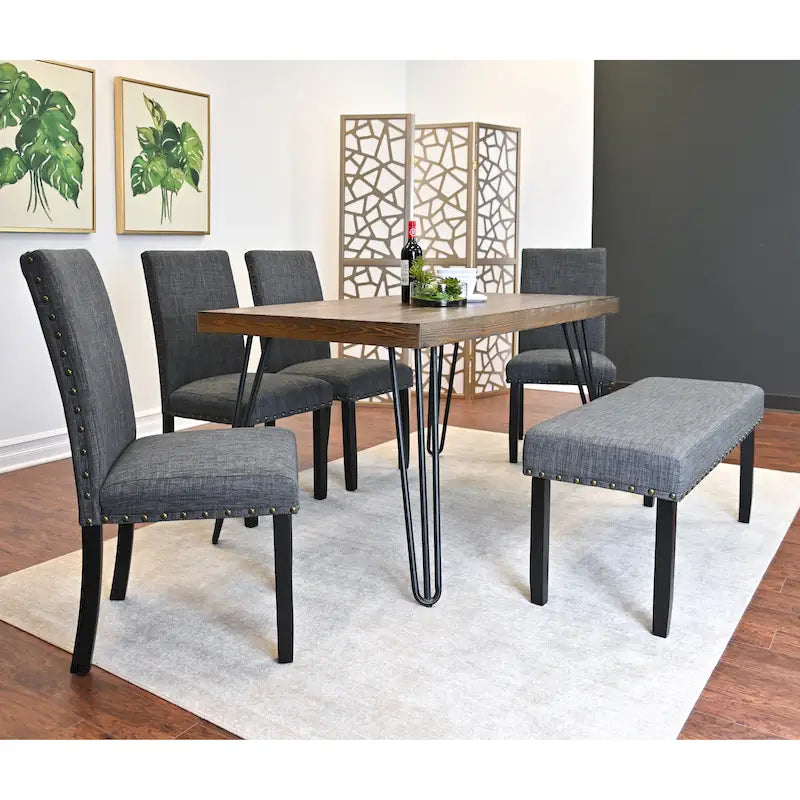 Table à manger rectangulaire Mid-Century Modern avec chaises cloutées en laiton et pieds métalliques en épingle à cheveux pour cuisine et salon