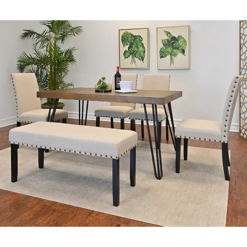 Table à manger rectangulaire Mid-Century Modern avec chaises cloutées en laiton et pieds métalliques en épingle à cheveux pour cuisine et salon