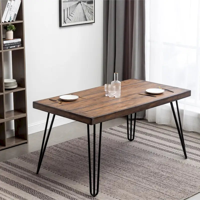 Table à manger rectangulaire Mid-Century Modern avec chaises cloutées en laiton et pieds métalliques en épingle à cheveux pour cuisine et salon
