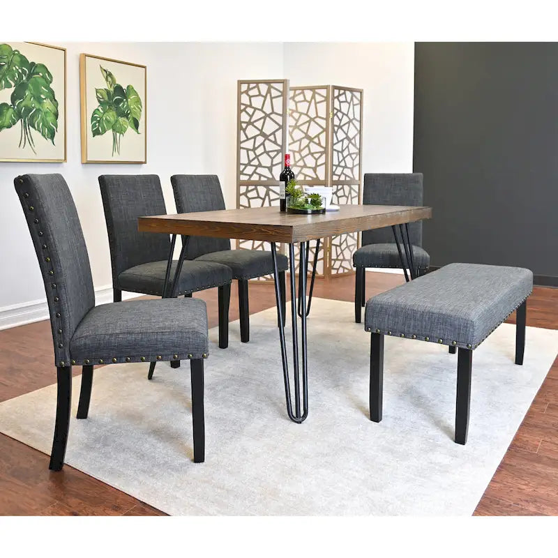 Table à manger rectangulaire Mid-Century Modern avec chaises cloutées en laiton et pieds métalliques en épingle à cheveux pour cuisine et salon
