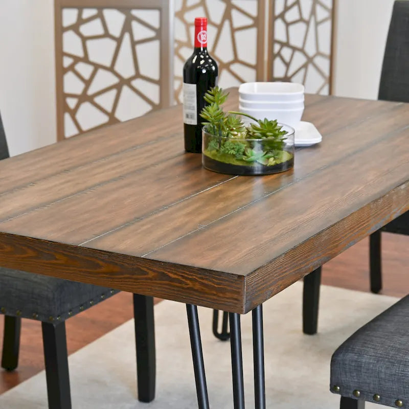 Table à manger rectangulaire Mid-Century Modern avec chaises cloutées en laiton et pieds métalliques en épingle à cheveux pour cuisine et salon