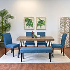 Table à manger rectangulaire Mid-Century Modern avec chaises cloutées en laiton et pieds métalliques en épingle à cheveux pour cuisine et salon