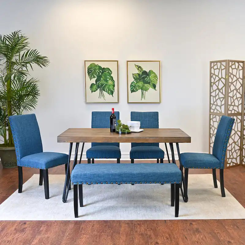 Table à manger rectangulaire Mid-Century Modern avec chaises cloutées en laiton et pieds métalliques en épingle à cheveux pour cuisine et salon