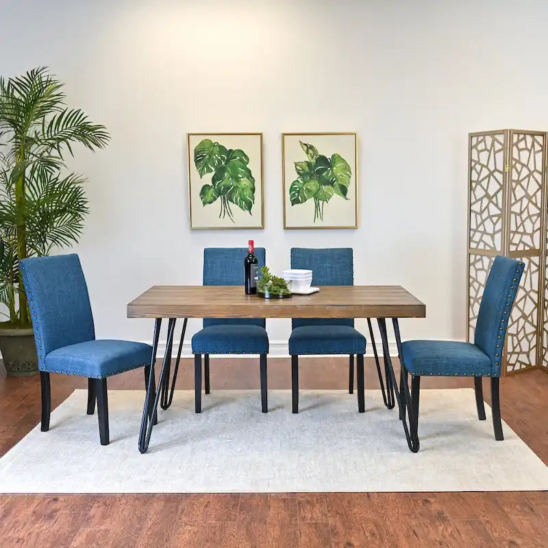 Table à manger rectangulaire Mid-Century Modern avec chaises cloutées en laiton et pieds métalliques en épingle à cheveux pour cuisine et salon