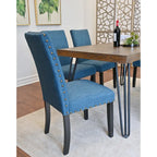 Table à manger rectangulaire Mid-Century Modern avec chaises cloutées en laiton et pieds métalliques en épingle à cheveux pour cuisine et salon