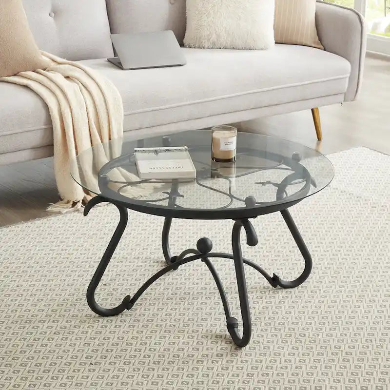 Table basse 2 pièces en verre trempé, table décorative ronde rustique avec table d'appoint pour salon, noir