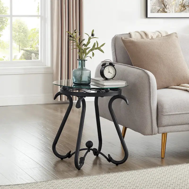Table basse 2 pièces en verre trempé, table décorative ronde rustique avec table d'appoint pour salon, noir