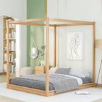 Lit plateforme moderne à baldaquin bas, cadre de lit à baldaquin en bois avec pieds de support, pour enfants, adolescents et adultes, aucun sommier tapissier requis