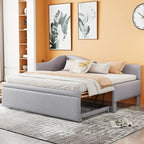 Lit de jour rembourré en forme de L, taille double, avec lit gigogne escamotable, rose
