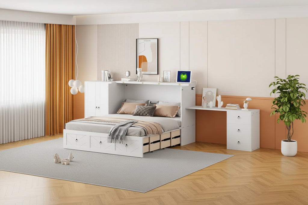 Lit escamotable Queen Size avec port USB, grand tiroir et bureau combiné pour chambre à coucher