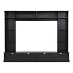 Meuble mural noir 104,2" grand format avec étagères et placards pour téléviseurs jusqu'à 78"