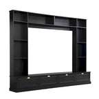 Meuble mural noir 104,2" grand format avec étagères et placards pour téléviseurs jusqu'à 78"