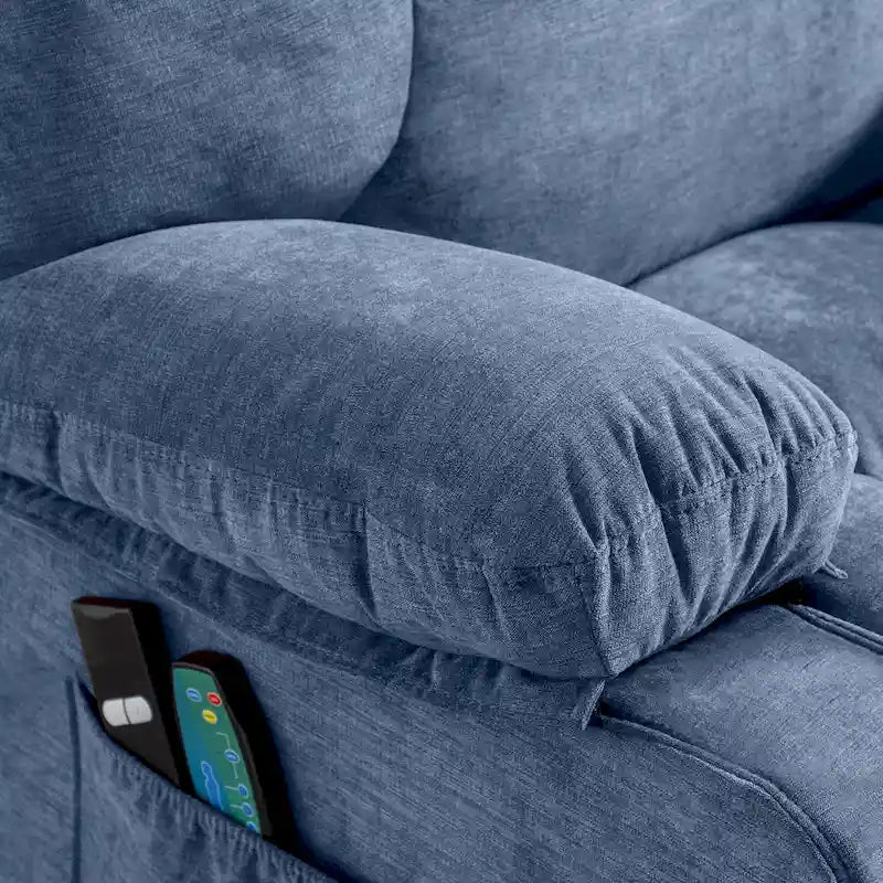 Fauteuil relaxant électrique bleu avec fonctions de chauffage, de massage, de chargement USB, de rangement latéral et de télécommande