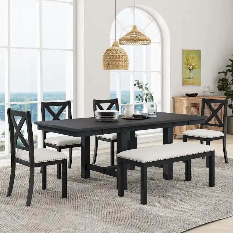Ensemble de salle à manger 6 pièces en bois avec table extensible, 4 chaises et banc