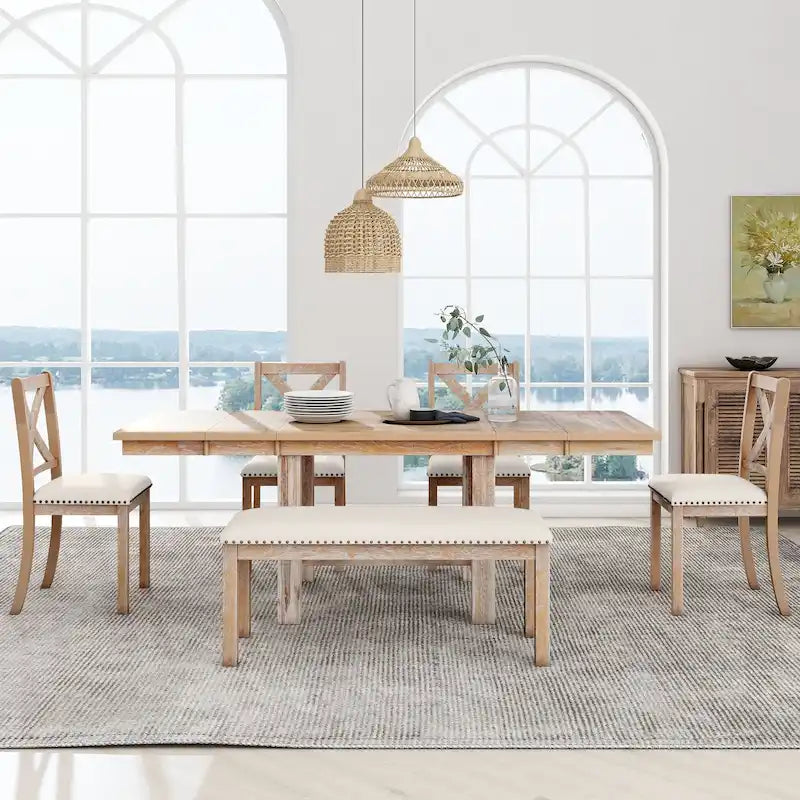Ensemble de salle à manger 6 pièces en bois avec table extensible, 4 chaises et banc