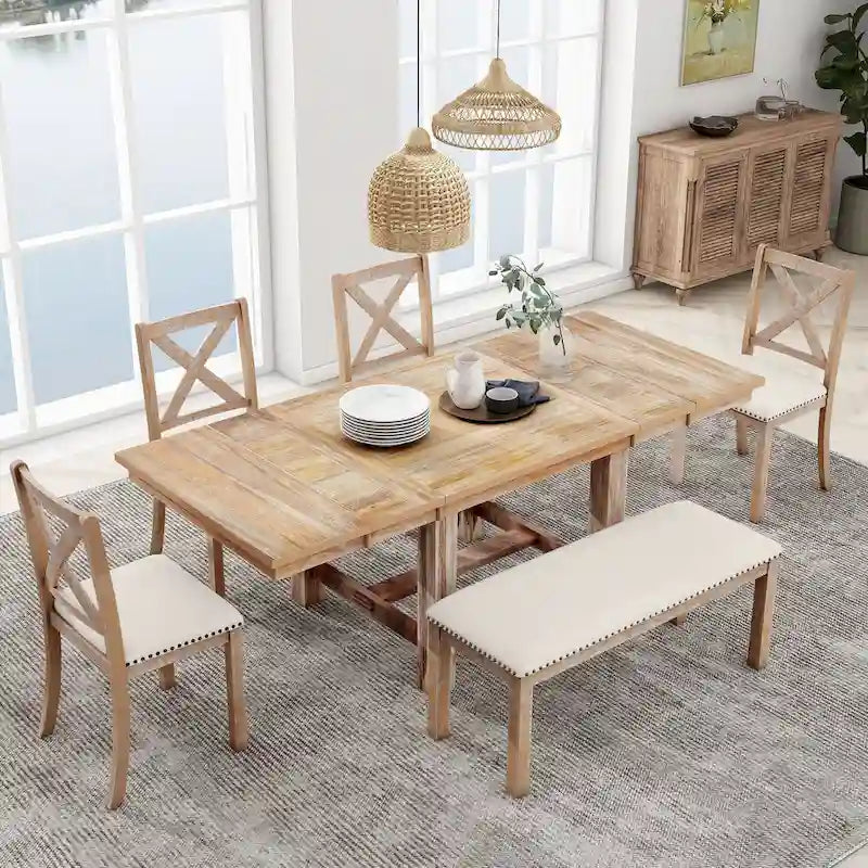 Ensemble de salle à manger 6 pièces en bois avec table extensible, 4 chaises et banc