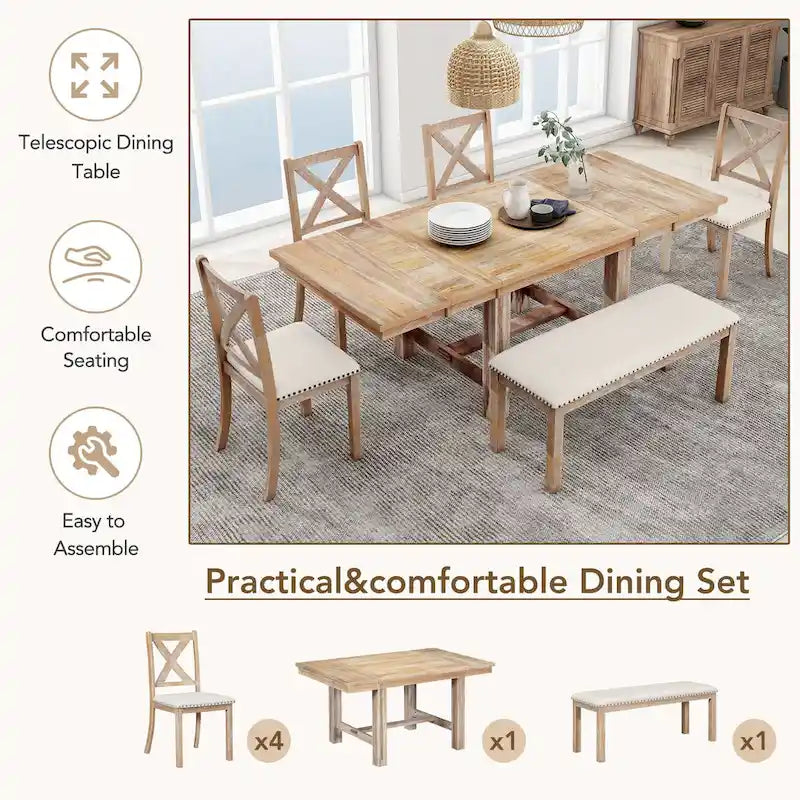 Ensemble de salle à manger 6 pièces en bois avec table extensible, 4 chaises et banc