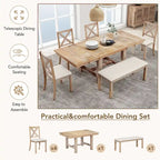 Ensemble de salle à manger 6 pièces en bois avec table extensible, 4 chaises et banc