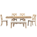Ensemble de salle à manger 6 pièces en bois avec table extensible, 4 chaises et banc
