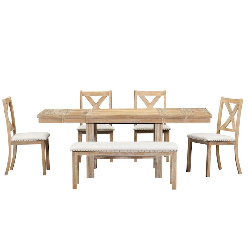 Ensemble de salle à manger 6 pièces en bois avec table extensible, 4 chaises et banc