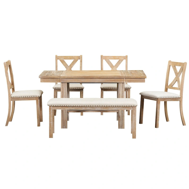 Ensemble de salle à manger 6 pièces en bois avec table extensible, 4 chaises et banc