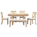 Ensemble de salle à manger 6 pièces en bois avec table extensible, 4 chaises et banc