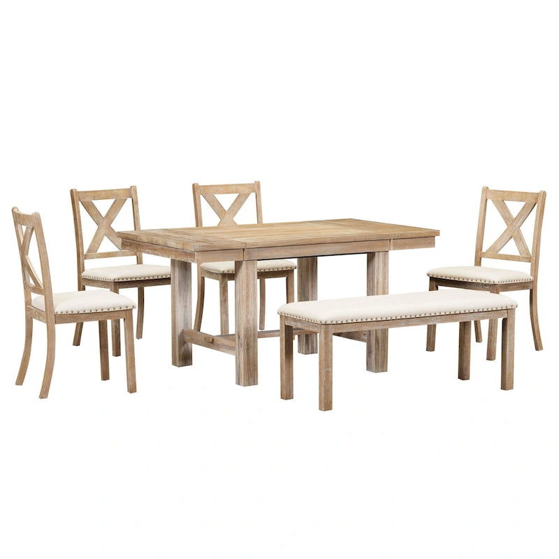 Ensemble de salle à manger 6 pièces en bois avec table extensible, 4 chaises et banc