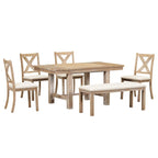 Ensemble de salle à manger 6 pièces en bois avec table extensible, 4 chaises et banc