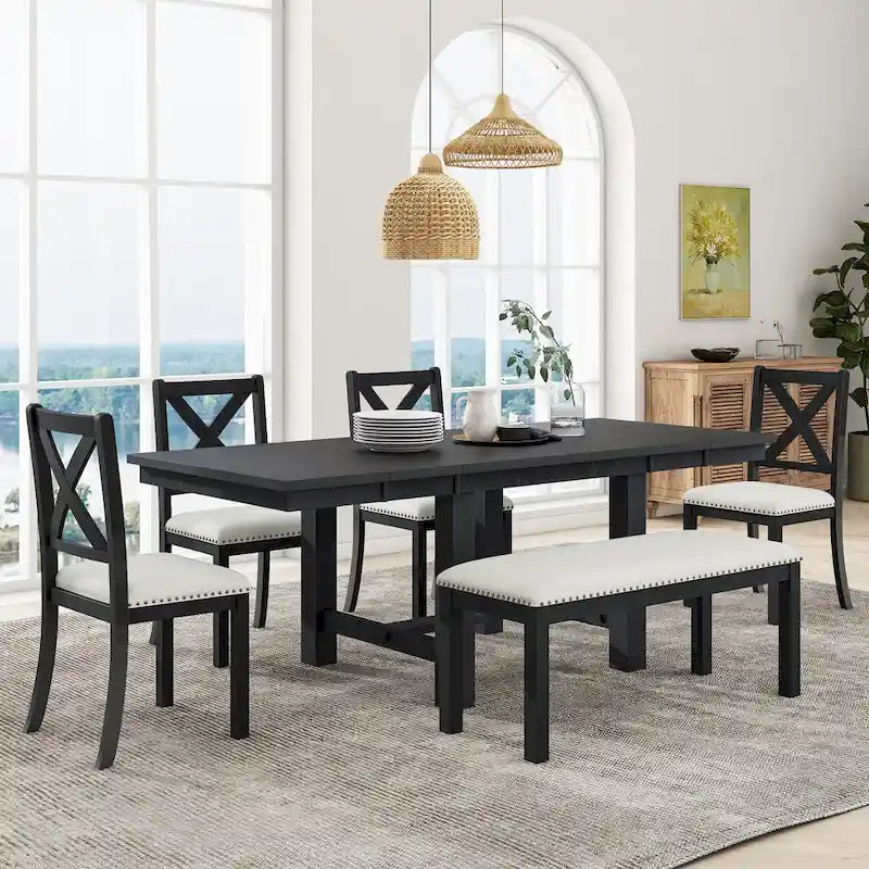 Ensemble de salle à manger 6 pièces en bois avec table extensible, 4 chaises et banc
