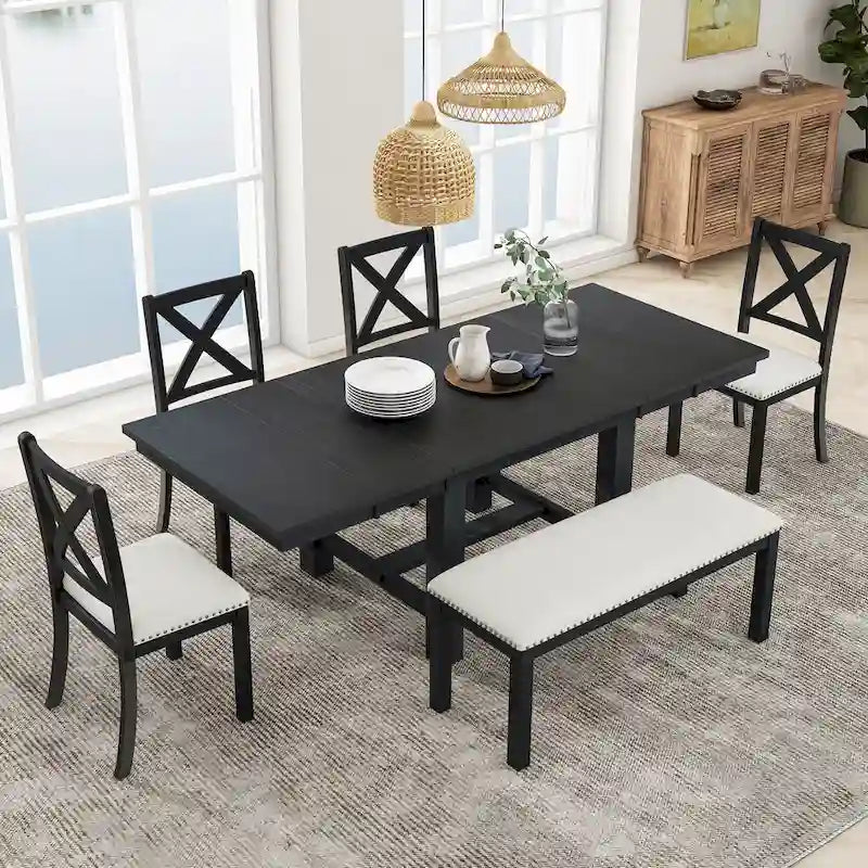 Ensemble de salle à manger 6 pièces en bois avec table extensible, 4 chaises et banc