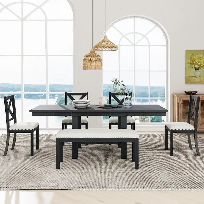 Ensemble de salle à manger 6 pièces en bois avec table extensible, 4 chaises et banc