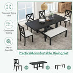 Ensemble de salle à manger 6 pièces en bois avec table extensible, 4 chaises et banc