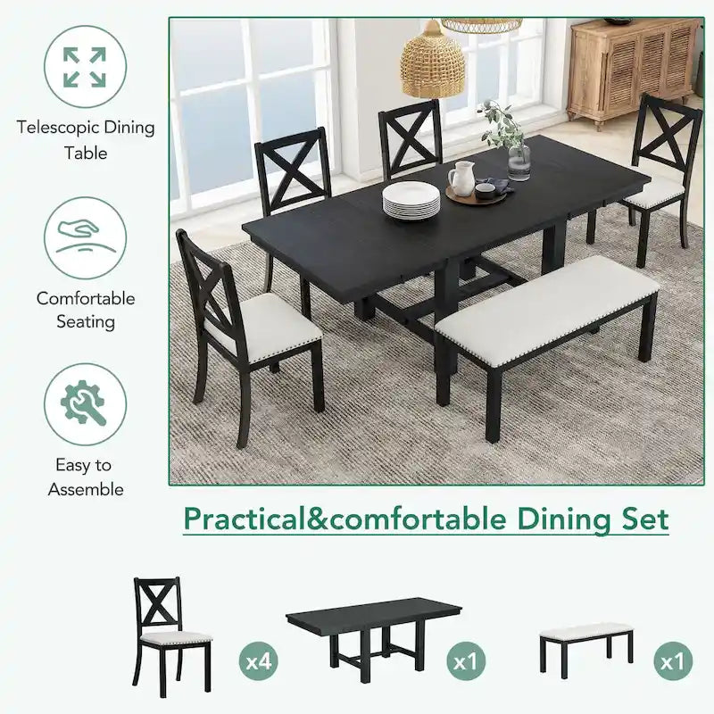 Ensemble de salle à manger 6 pièces en bois avec table extensible, 4 chaises et banc