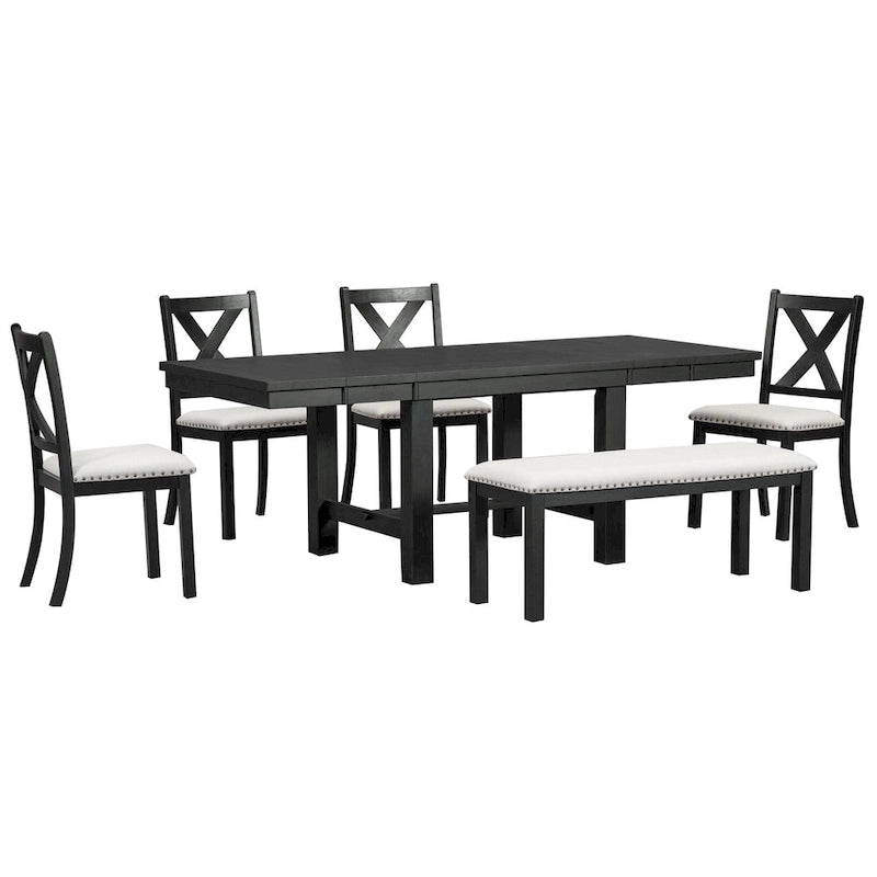 Ensemble de salle à manger 6 pièces en bois avec table extensible, 4 chaises et banc