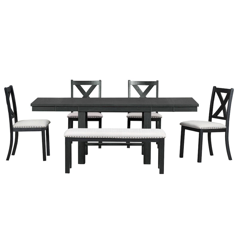 Ensemble de salle à manger 6 pièces en bois avec table extensible, 4 chaises et banc