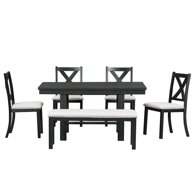 Ensemble de salle à manger 6 pièces en bois avec table extensible, 4 chaises et banc