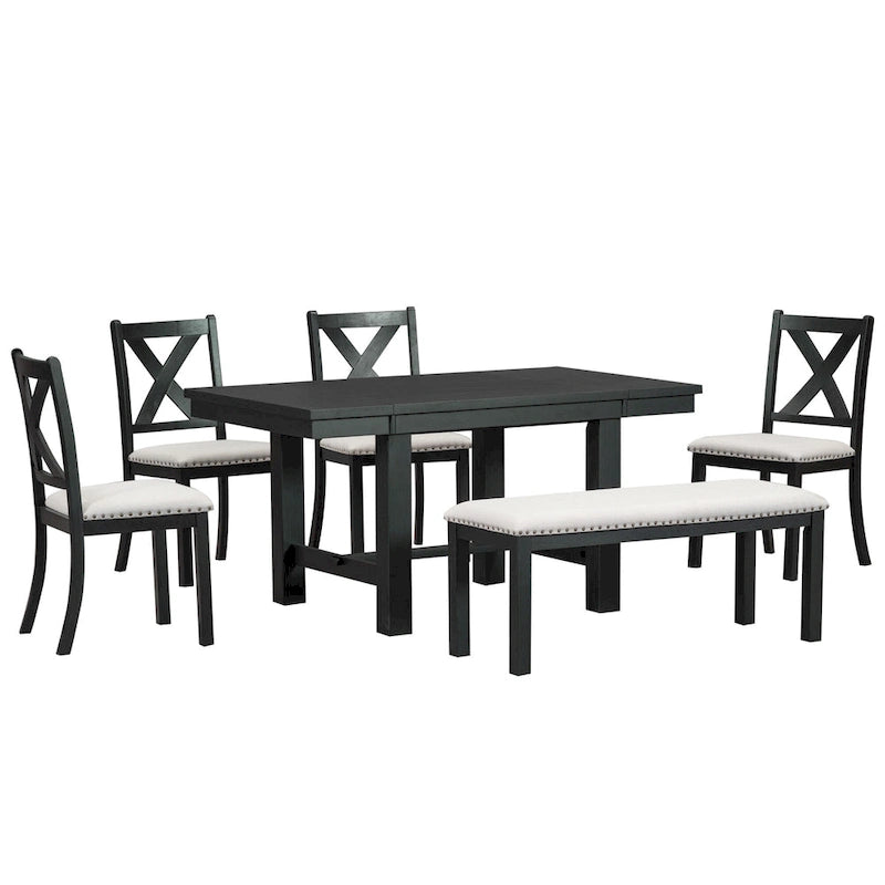 Ensemble de salle à manger 6 pièces en bois avec table extensible, 4 chaises et banc