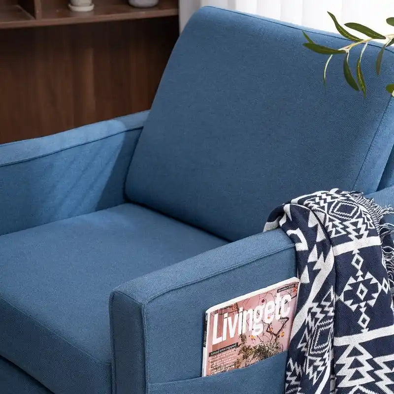 Fauteuil d'appoint rembourré avec pieds en bois massif – Bleu / Gris / Blanc cassé