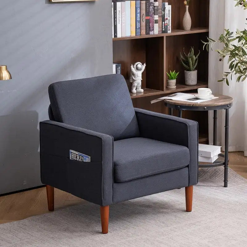 Fauteuil d'appoint rembourré avec pieds en bois massif – Bleu / Gris / Blanc cassé
